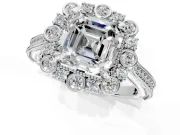 Milgrain Halo Engagement Ring Setting for Asscher Cut Center with Bezel Point Accents and Prong Head in Platinum