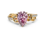 Leaf Motif Engagement Ring Setting for Fancy Pink Pear-Shaped Center with Pave Band and Prong Head in Yellow Gold