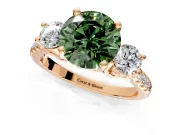 3 Stone Engagement Ring Setting for Fancy Green Round Cut Center with Crossover Basket, Pave Band and Prong Head in Rose Gold