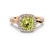 Halo Engagement Ring Setting for Fancy Yellow Cushion Cut Center with Twist Band and Prong Head in Rose Gold