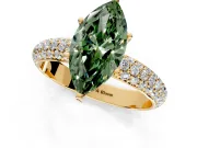Solitaire Engagement Ring Setting for Fancy Green Marquise Center with Domed Multi-Row Pave Band and Prong Head in Yellow Gold