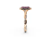 Halo Engagement Ring Setting for Fancy Pink Emerald Cut Center with Twist Band and Prong Head in Rose Gold