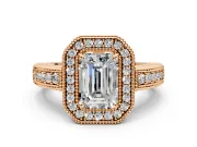 Milgrain Halo Engagement Ring Setting for Emerald Cut Center with Pave Band and Prong Head in Rose Gold