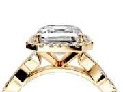 Halo Engagement Ring Setting for Asscher Cut Center with Pave and Plain Twist Band and Prong Head in Yellow Gold