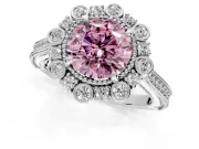Milgrain Halo Engagement Ring Setting for Fancy Pink Round Cut Center with Bezel Point Accents and Prong Head in Platinum