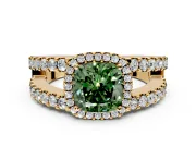 Halo Engagement Ring Setting for Fancy Green Cushion Cut Center with Wide-Open Pave Split Shank and Prong Head in Yellow Gold