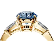 3 Stone Engagement Ring Setting for Fancy Blue Round Cut Center with Baguette Accents and Prong Head in Yellow Gold