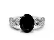 Leaf Engagement Ring Setting for Fancy Black Oval Center with Milgrain Accent Band and Prong Head in Sterling Silver