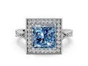 Halo Engagement Ring Setting for Fancy Blue Princess Cut Center with Milgrain Rim, Pave Band and Prong Head in Sterling Silver