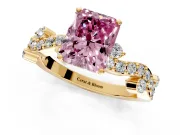 Solitaire Engagement Ring Setting for Fancy Pink Radiant Cut Center with Bar-Station Pave Twist and Prong Head in Yellow Gold