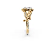 Halo Engagement Ring Setting for Pear-Shaped Center with Leaf Motif Split Shank and Prong Head in Yellow Gold