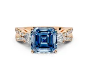 3 Stone Engagement Ring Setting for Fancy Blue Asscher Cut Center with Pave Split Shank and Prong Head in Rose Gold