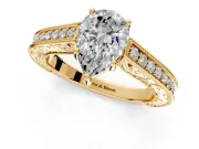 Solitaire Engagement Ring Setting for Pear-Shaped Center with Engraved Pave Band and Prong Head in Yellow Gold