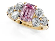Cluster Engagement Ring Setting for Fancy Pink Emerald Cut Center with Round Cut Accent Frame and Prong Head in Yellow Gold