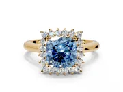 Starburst Halo Engagement Ring Setting for Fancy Blue Cushion Cut Center with Thin Round-Wire Band and Prong Head in Yellow Gold