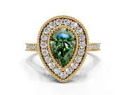 Halo Engagement Ring Setting for Fancy Green Pear-Shaped Center with Milgrain Frame, Pave Band and Prong Head in Yellow Gold