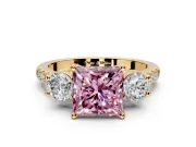 3 Stone Engagement Ring Setting for Fancy Pink Princess Cut Center with Crossover Basket, Pave Band and Prong Head in Yellow Gold