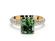 Solitaire Engagement Ring Setting for Fancy Green Radiant Cut Center with Domed Multi-Row Pave Band and Prong Head in Yellow Gold