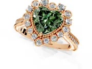 Milgrain Halo Engagement Ring Setting for Fancy Green Heart-Shaped Center with Bezel Point Accents and Prong Head in Rose Gold