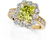 Halo Engagement Ring Setting for Fancy Yellow Radiant Cut Center with Milgrain Channel Band and Prong Head in Yellow Gold