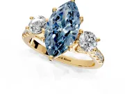 3 Stone Engagement Ring Setting for Fancy Blue Marquise Center with Crossover Basket, Pave Band and Prong Head in Yellow Gold