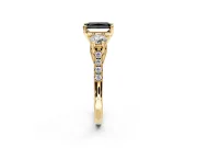 3 Stone Engagement Ring Setting for Fancy Black Radiant Cut Center with Crossover Basket, Pave Band and Prong Head in Yellow Gold