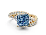 Solitaire Engagement Ring Setting for Fancy Blue Princess Cut Center with Pave Bypass Twist Band and Prong Head in Yellow Gold