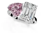 Fancy Pink Heart-Shaped and Emerald Cut Lab-Grown Diamond Toi et Moi Engagement Ring with Prong-Set Stones in Platinum