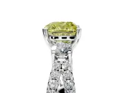 3 Stone Engagement Ring Setting for Fancy Yellow Cushion Cut Center with Pave Split Shank and Prong Head in White Gold