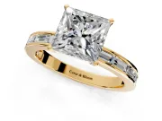 Solitaire Engagement Ring Setting for Princess Cut Center with Channel Baguette Band and Prong Head in Yellow Gold
