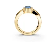 Halo Engagement Ring Setting for Fancy Blue Emerald Cut Center with Wide Band, Inlaid Accent Row and Prong Head in Yellow Gold