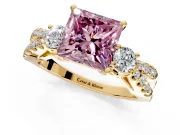 3 Stone Engagement Ring Setting for Fancy Pink Princess Cut Center with Pave Split Shank and Prong Head in Yellow Gold