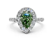 Halo Engagement Ring Setting for Fancy Green Pear-Shaped Center with Heart-Shaped Openwork, Pave Band and Prong Head in Sterling Silver