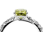 Cluster Engagement Ring Setting for Fancy Yellow Emerald Cut Center with Round Cut Accent Band and Prong Head in White Gold