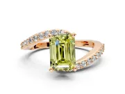 Solitaire Engagement Ring Setting for Fancy Yellow Emerald Cut Center with Pave Bypass Swirl Band and Prong Head in Rose Gold
