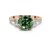 3 Stone Engagement Ring Setting for Fancy Green Round Cut Center with Round Cut Side Accents and Prong Head in Rose Gold