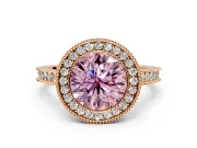 Halo Engagement Ring Setting for Fancy Pink Round Cut Center with Milgrain Pave Band and Bezel Head in Rose Gold