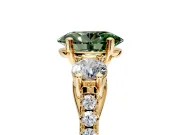 3 Stone Engagement Ring Setting for Fancy Green Oval Center with Crossover Basket, Pave Band and Prong Head in Yellow Gold