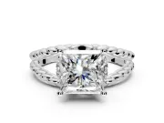 Halo Engagement Ring Setting for Princess Cut Center with Rope Twist Split Shank and Prong Head in White Gold