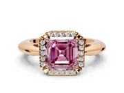 Halo Engagement Ring Setting for Fancy Pink Asscher Cut Center with Tapered Plain Band and Prong Head in Rose Gold