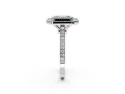 Halo Engagement Ring Setting for Fancy Blue Emerald Cut Center with Milgrain Frame, Pave Band and Prong Head in Sterling Silver