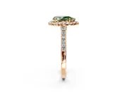 Halo Engagement Ring Setting for Fancy Green Pear-Shaped Center with Narrowing Pave Band and Prong Head in Rose Gold