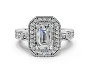 Milgrain Halo Engagement Ring Setting for Emerald Cut Center with Pave Band and Prong Head in White Gold