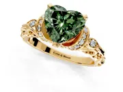 Solitaire Engagement Ring Setting for Fancy Green Heart-Shaped Center with Filigree Band and Prong Head in Yellow Gold