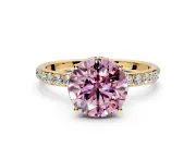 Hidden Halo Engagement Ring Setting for Fancy Pink Round Cut Center with Pave Band and Prong Head in Yellow Gold