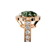 Bezel-Framed Halo Engagement Ring Setting for Fancy Green Round Cut Center with Pave Band and Prong Head in Rose Gold
