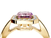 Bezel-Framed Halo Engagement Ring Setting for Fancy Pink Radiant Cut Center with Pave Band and Prong Head in Yellow Gold