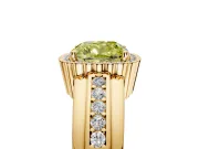 Halo Engagement Ring Setting for Fancy Yellow Cushion Cut Center with Wide Band, Inlaid Accent Row and Prong Head in Yellow Gold