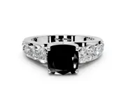 Solitaire Engagement Ring Setting for Fancy Black Cushion Cut Center with Graduated Shared Prongs and Prong Head in White Gold