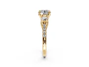 3 Stone Engagement Ring Setting for Round Cut Center with Crossover Basket, Pave Band and Prong Head in Yellow Gold